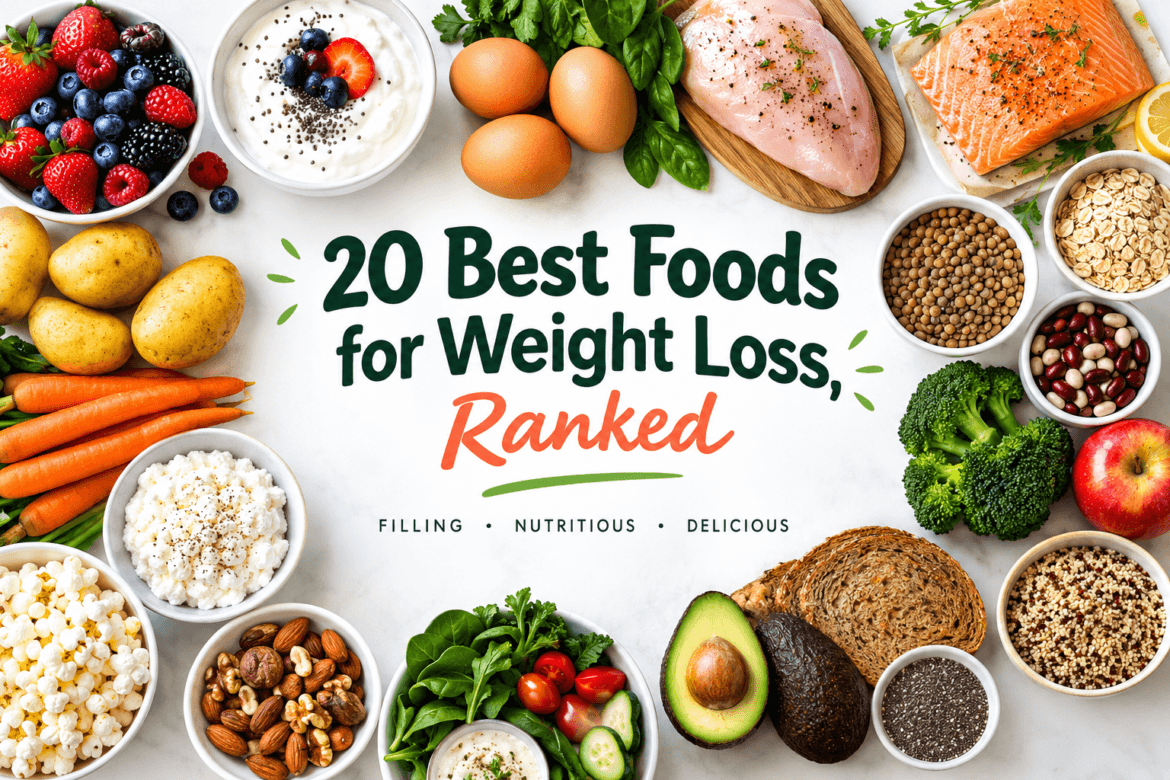 20 best foods for weight loss including eggs, potatoes, Greek yogurt, berries, vegetables and lean protein